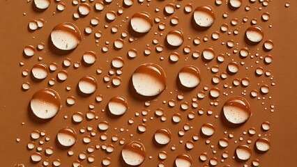 Water droplets resting on a textured light brown surface, showcasing various sizes and reflections, creating a visually captivating design.