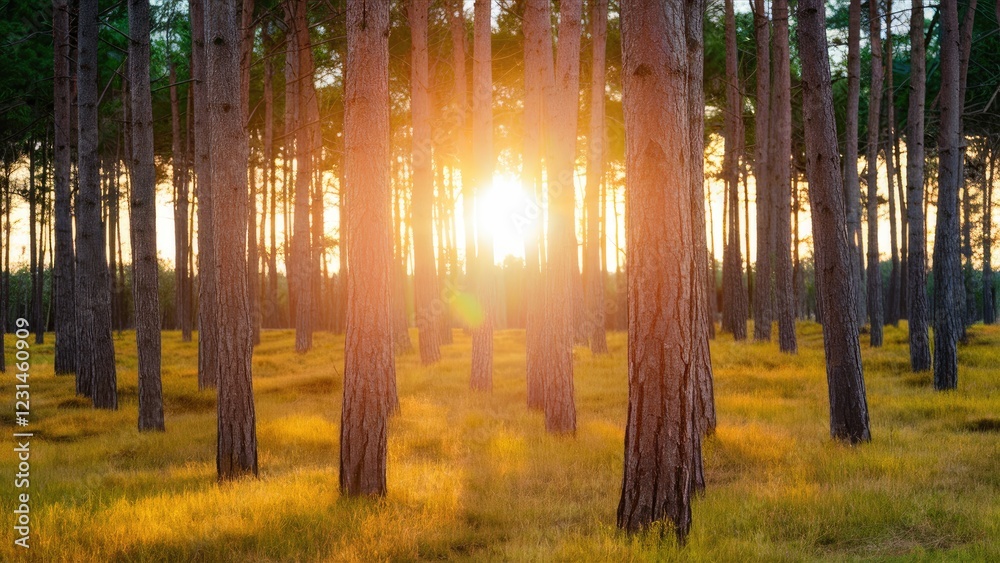 Poster golden sunlight streams through tall pine trees in a serene forest setting, illuminating vibrant yel