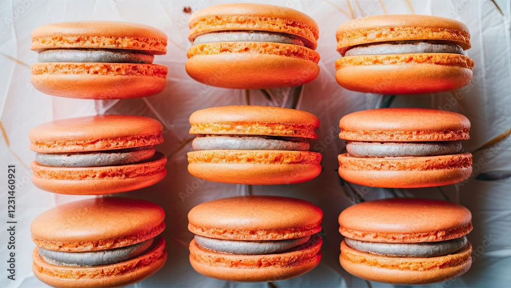 Poster orange macarons with a creamy filling arranged in two rows on a white background, showcasing their d