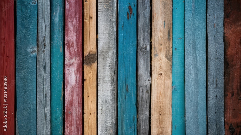 Poster colorful weathered wooden boards in shades of red, blue, beige, and gray arranged vertically create 