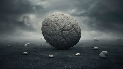 Large textured stone in the center of a desolate landscape with scattered smaller stones against a dark cloudy sky creating a moody atmosphere
