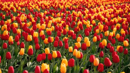 Vibrant tulip field featuring a dense carpet of red and yellow blooms in full sunlight with lush green foliage in the background.