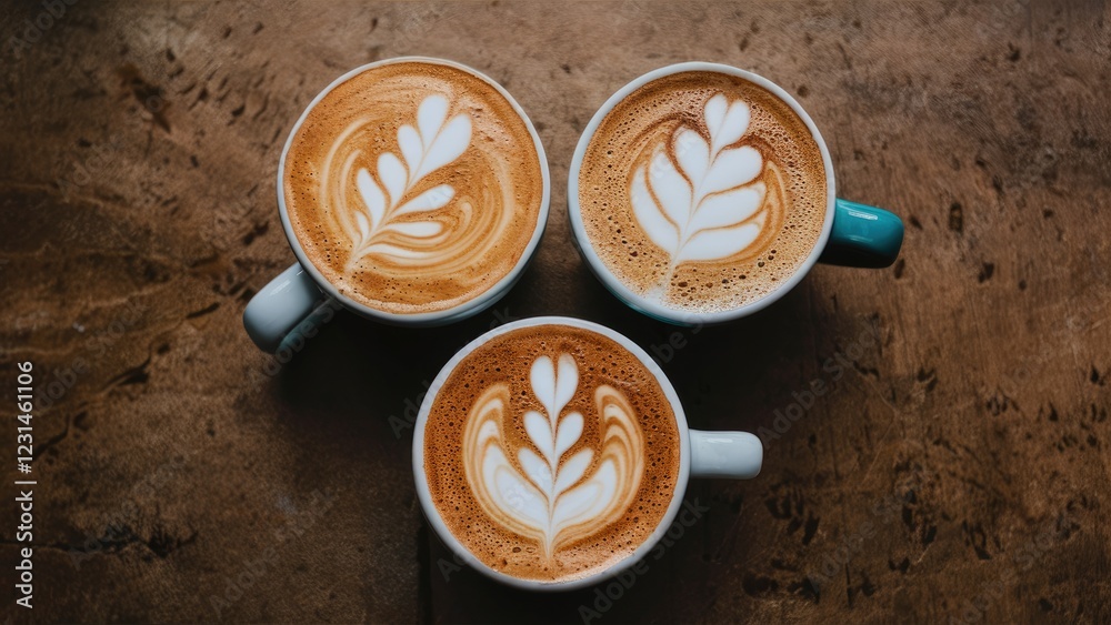 Poster three elegant latte art designs in white on warm brown coffee cups arranged in a triangular formatio