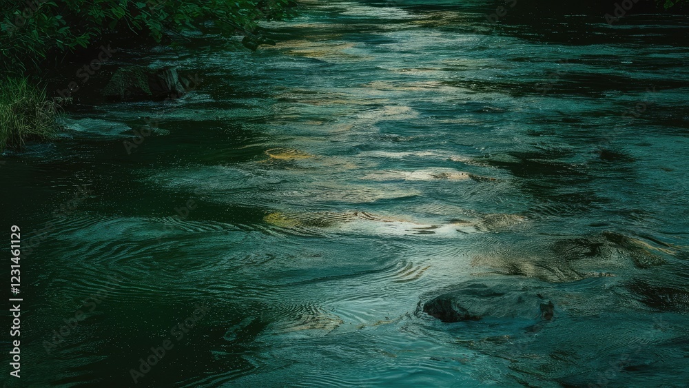 Poster rippling water surface reflecting natural light with green foliage on the left and subtle rocks in t