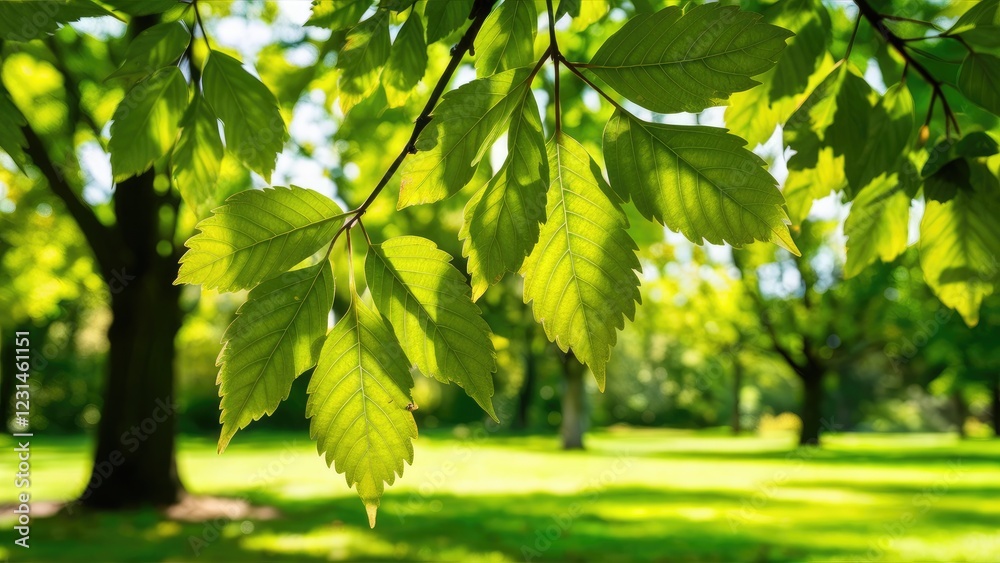 Poster vibrant sunlight filtering through lush green leaves in a natural park with a blurred background of 