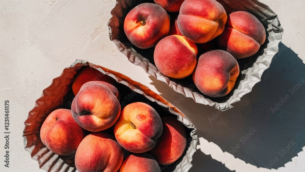 Poster Two rustic paper containers filled with ripe peaches displayed from a top view on a light textured surface with shadows casting softly.