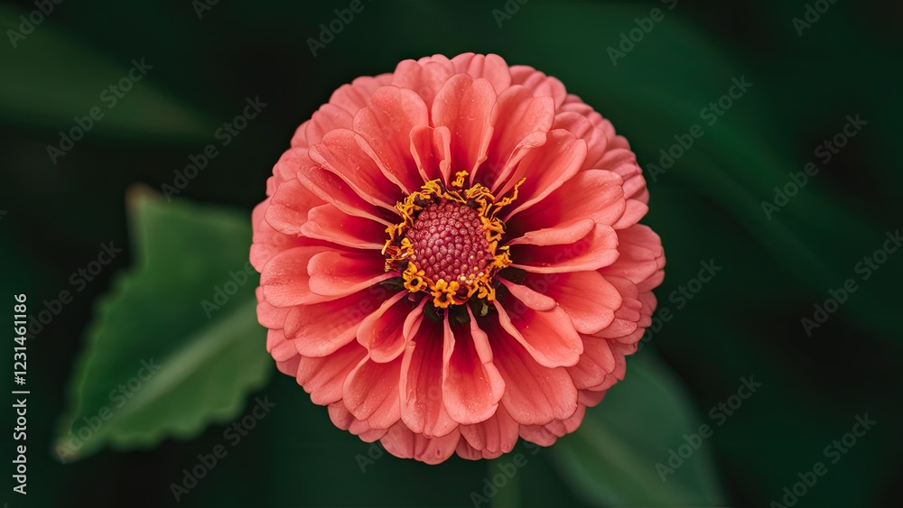 Poster zinnia flower in vibrant coral color centered against a lush green background with textured leaves c