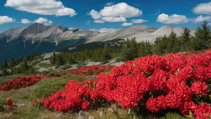Vibrant red alpine rose blooms fill the foreground against green mountains and a bright blue sky, creating a stunning summer landscape scene.