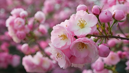 Obraz premium Delicate pink cherry blossoms in full bloom with soft white centers, set against a blurred background of lighter pink hues, capturing spring's beauty.