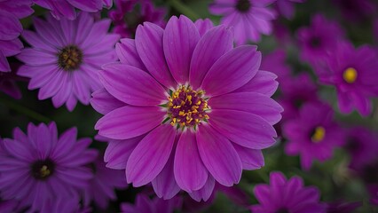 Obraz premium Vibrant purple flowers in full bloom with a prominent large blossom in the center surrounded by smaller purple petals and green foliage.