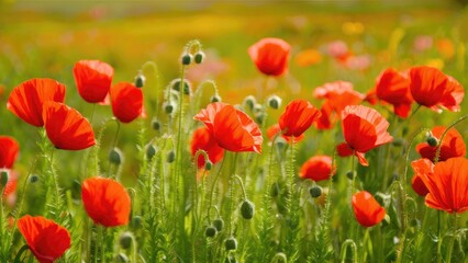 Fototapeta premium Vibrant field of blooming red poppies against a green background with hints of wildflowers creating a colorful spring landscape scene.