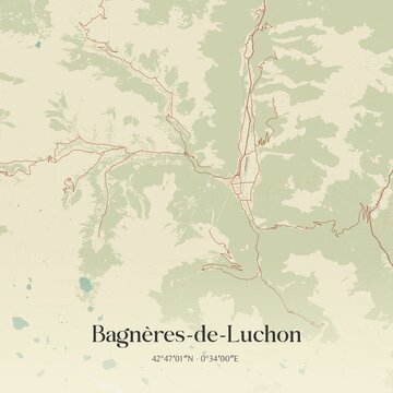 Retro map of Bagn�res-de-Luchon, Occitanie, France. Vintage street map.