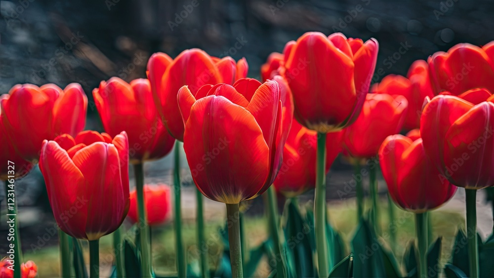 Poster vivid red tulips in full bloom surrounded by lush green leaves with a blurred natural background cre