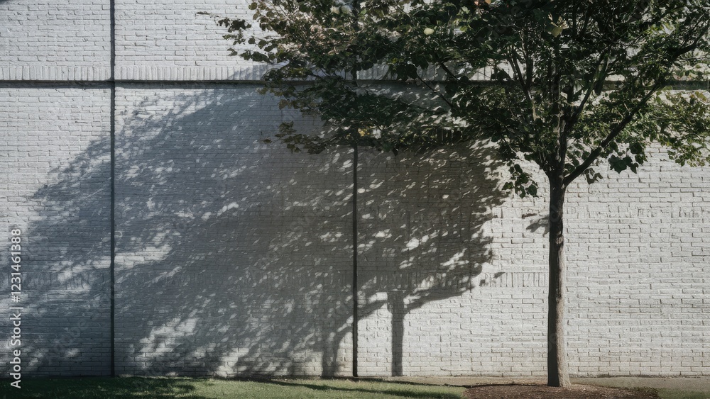 Poster tree shadow elegantly cast on a white brick wall showcasing green leaves positioned left with subtle