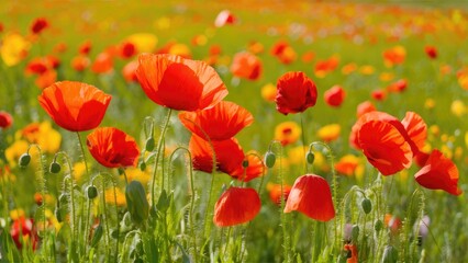 Fototapeta premium Vibrant poppy flowers in full bloom amidst a lush green field with yellow accents under bright sunlight creating a cheerful spring landscape