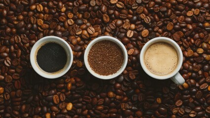 Coffee beans in three stages: dark roasted coffee in the left cup, ground coffee in the center, and light roasted coffee on the right, all set against a rich brown coffee bean backdrop.