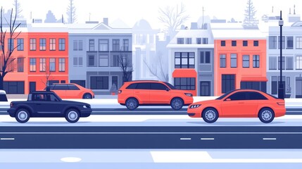Obraz premium Snowy City Street Scene with Cars Driving Past Buildings