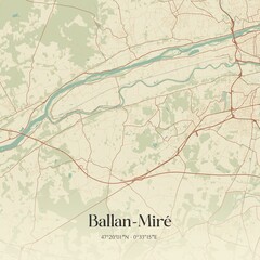Retro map of Ballan-Mir�, Centre-Val de Loire, France. Vintage street map.