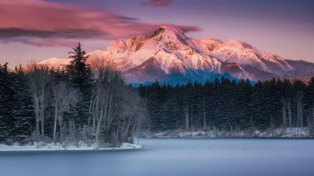 Majestic snow-capped mountain with pink and purple sunset glow above tranquil icy lake surrounded by frosty pine trees in winter landscape.