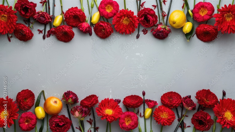 Poster Vibrant red flowers with lemons and apples arranged on a light gray background creating a fresh and elegant symmetrical floral border.