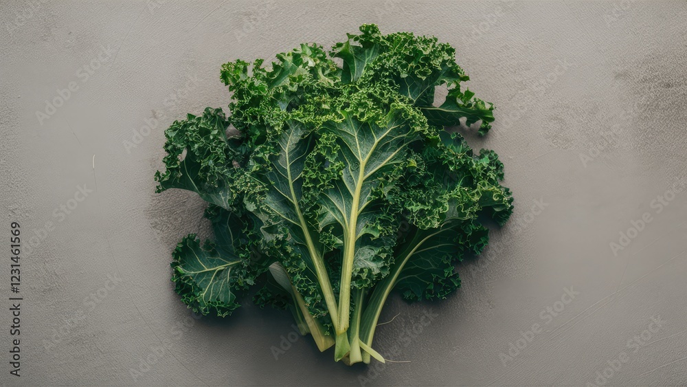 Poster fresh green kale leaves arranged neatly on a textured gray background with a focus on vibrant leafy 