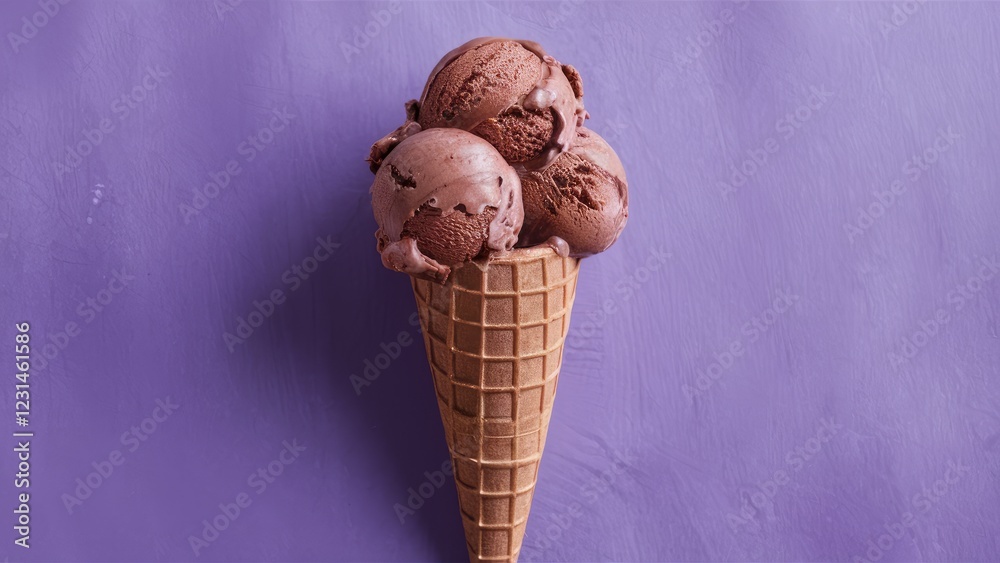 Aufkleber chocolate ice cream scoops in a waffle cone on a textured lavender background, with three generous s