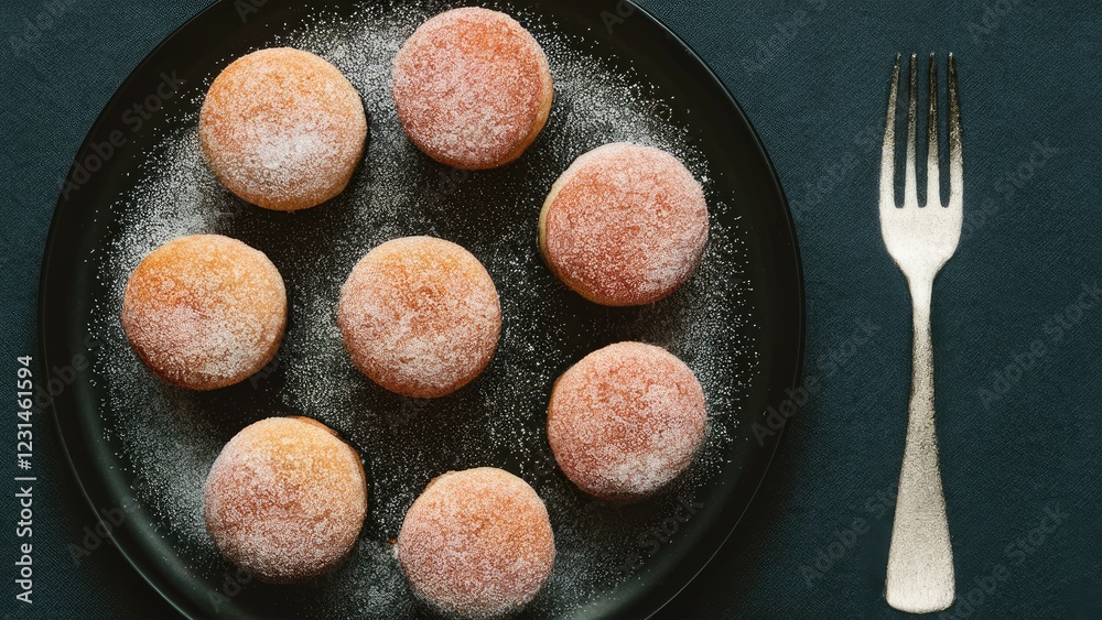 Poster sugar-dusted round pastries on a black plate with a silver fork on a dark green surface, creating a 