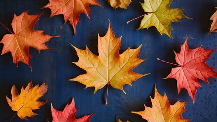 Fototapeta premium Colorful autumn leaves in vibrant orange, red, and yellow hues scattered over a dark blue surface, highlighting the beauty of fall foliage.