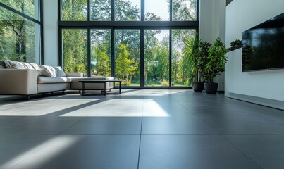 Fototapeta premium Modern living room with large windows, sunlight streaming in, showcasing grey floor tiles, beige sofa, coffee table, and green plants.
