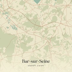 Retro map of Bar-sur-Seine, Grand Est, France. Vintage street map.