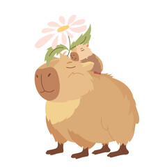 Cartoon pretty capybara with baby. Happy exotic animals character, cute biggest rodents, mother and child with love emotions. Flat vector design elements for card, packaging, fabrics, flyers