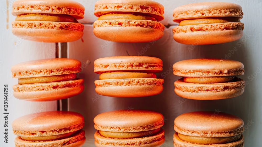 Poster Orange macarons arranged in a grid pattern on a white backdrop with soft shadows highlighting their smooth textures and delicate fillings.