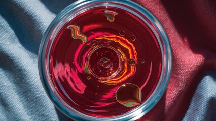 Top view of a glass containing deep red liquid with colorful swirling patterns, resting on a blue and maroon textured fabric background.