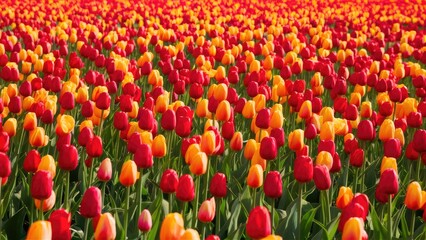 Colorful tulip field showcasing vibrant red and orange flowers in full bloom against lush green foliage under a clear blue sky.