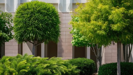 Fototapeta premium Lush greenery with spherical and conical shaped trees highlighted by bright green leaves against a light pink building background in sunny daylight.