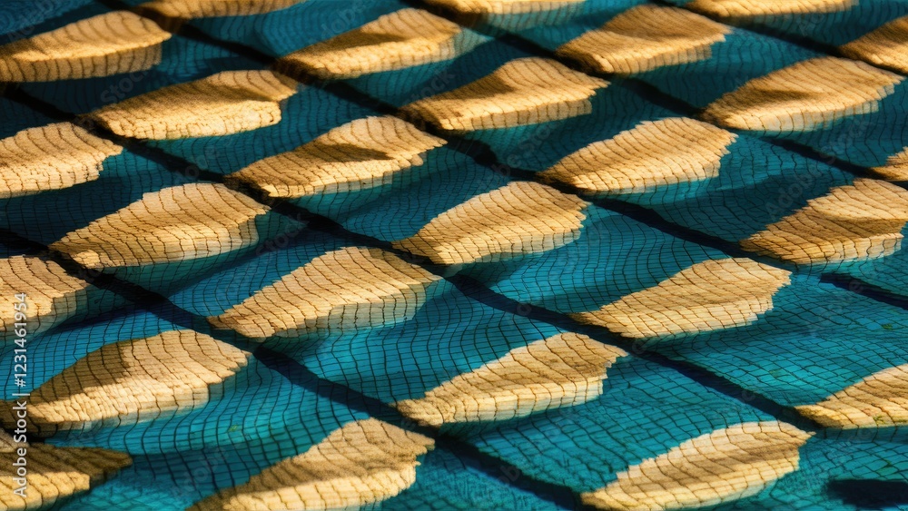 Poster textured golden patterns reflecting on a blue water surface with a grid overlay creating dynamic vis