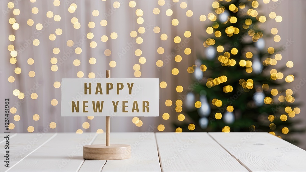 Poster happy new year sign on wooden table with festive bokeh lights in the background and green christmas 
