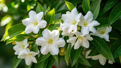 Obraz premium Fragrant white jasmine flowers cluster beautifully among vibrant green leaves, creating a stunning spring garden scene filled with freshness and allure.