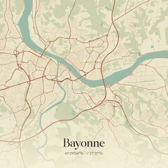 Retro map of Bayonne, Nouvelle-Aquitaine, France. Vintage street map.