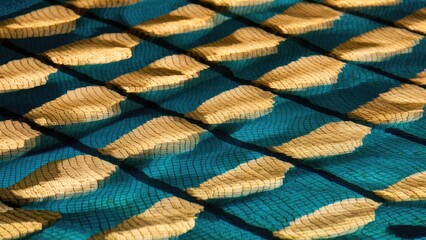 Textured golden patterns reflecting on a blue water surface with a grid overlay creating dynamic...