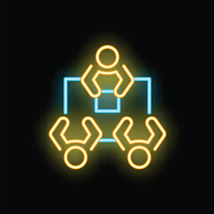 Neon sign illustrating business people working together around a table on a black background