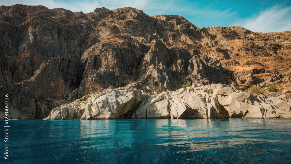 Poster serene azure waters reflect rugged mountain cliffs with jagged flat rocks in foreground under a clea