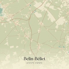Retro map of Belin-B�liet, Nouvelle-Aquitaine, France. Vintage street map.