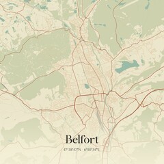 Retro map of Belfort, Bourgogne-Franche-Comt�, France. Vintage street map.