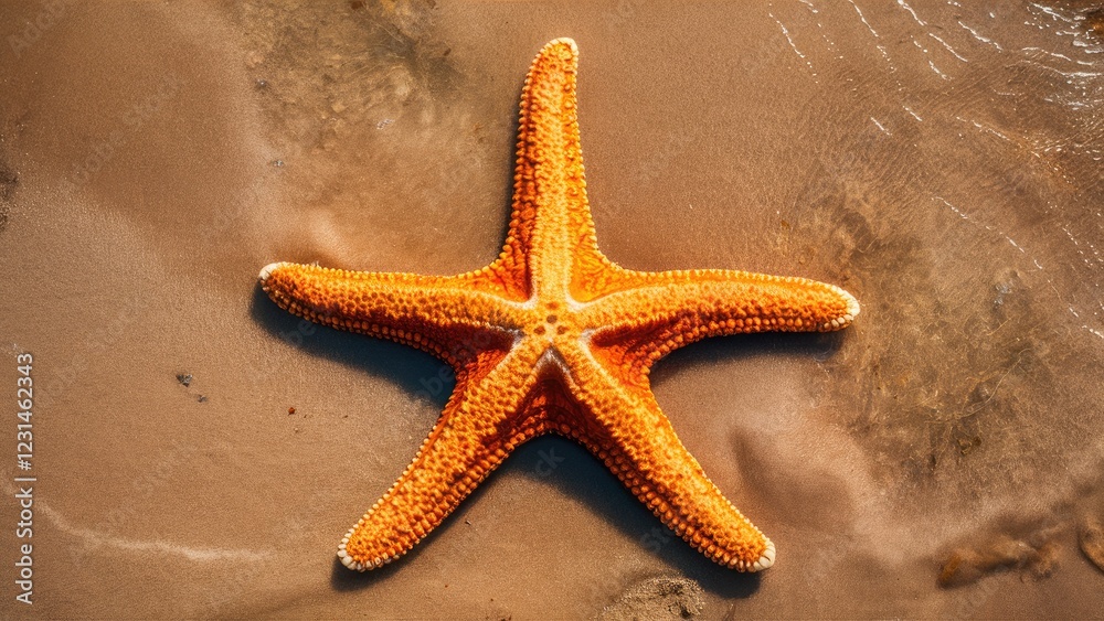 Poster vivid orange starfish centered on sandy beach surface with subtle water reflections in background, s