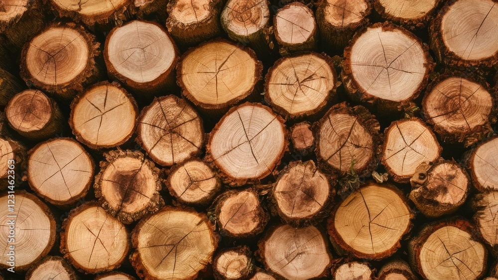 Poster circular sections of cut timber logs in various shades of brown with visible rings and textures arra