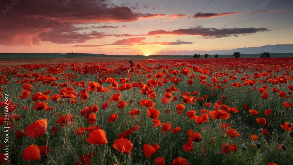 Poster vibrant red poppy field stretching across the horizon under a colorful sunset with soft greens in th