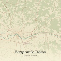 Retro map of Bergerac 2e Canton, Nouvelle-Aquitaine, France. Vintage street map.