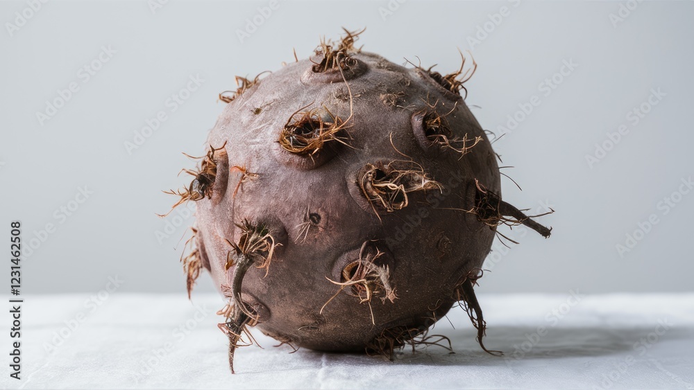 Poster taro root with brown skin and protruding roots positioned centrally on a soft white background highl