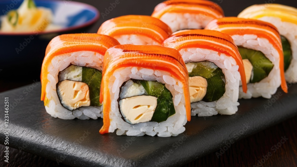 Poster sushi roll assortment with vibrant orange toppings showcasing eel and cream cheese with rice on a da